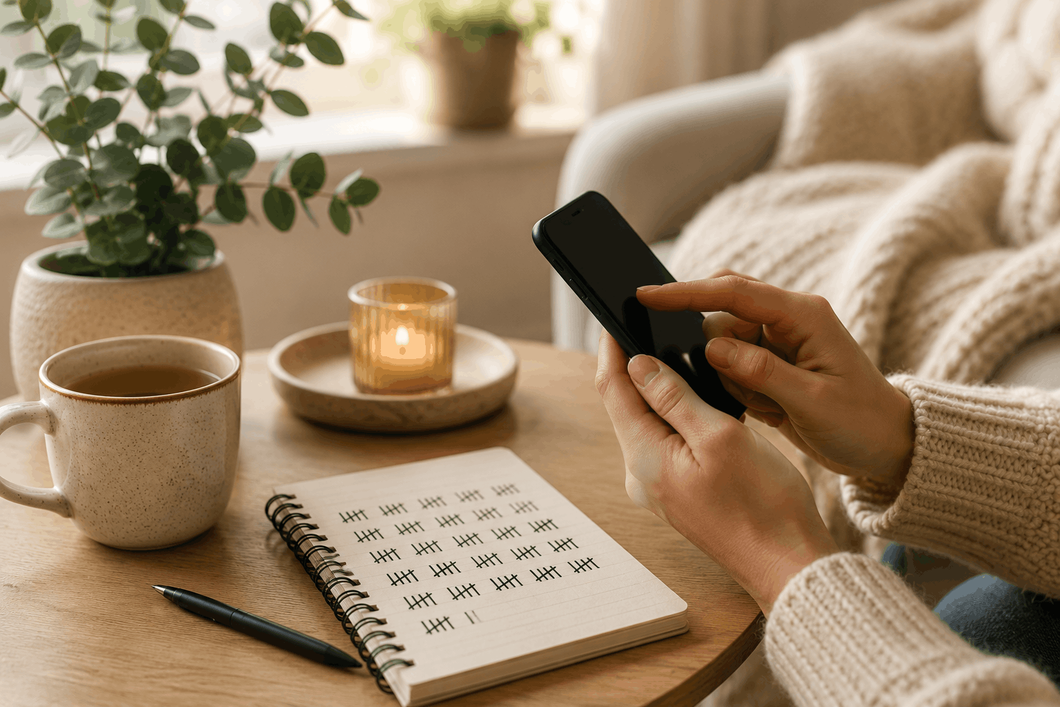 Smartphone neben Notizbuch und Teetasse als Symbol für einen bewussten Umgang mit digitalen Medien