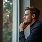 Nachdenklicher Mensch am Fenster bei der Selbstreflexion