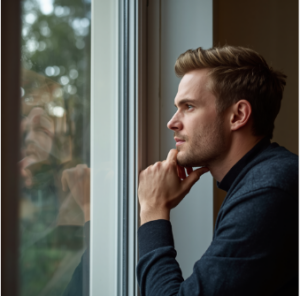 Nachdenklicher Mensch am Fenster bei der Selbstreflexion