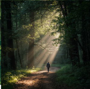 Ruhige Waldszene mit Sonnenlicht zwischen den Bäumen
