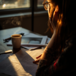 Selbstständige bei Abendlicht am Schreibtisch mit Kaffee und Unterlagen – ein Sinnbild für die Herausforderung, nach der Arbeit abzuschalten.