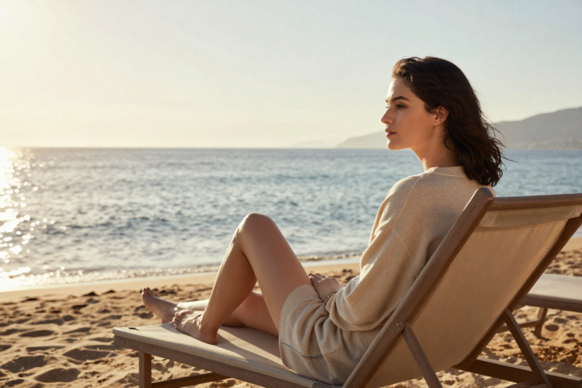 Nachdenkliche Frau sitzt auf einem Liegestuhl am Strand und blickt aufs Meer. Symbolbild für Sommerstress, innere Unruhe und Achtsamkeit im Urlaub.