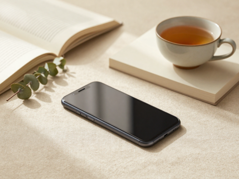 Smartphone neben einem Buch und einer Tasse Tee auf einem hellen Tisch. Das Bild symbolisiert bewusste digitale Pausen und mehr Ruhe im Alltag.