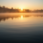 Ruhiger See bei Sonnenaufgang mit Spiegelung im Wasser und sanftem Nebel
