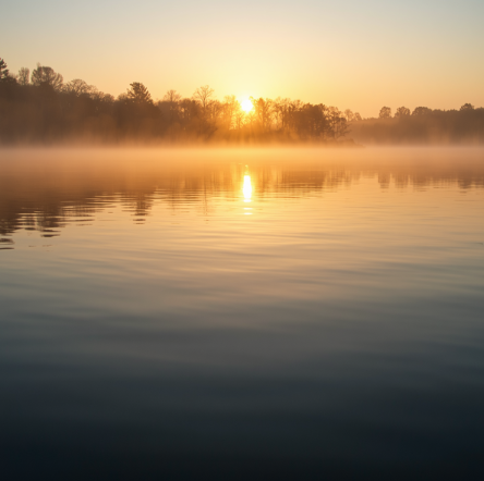 Ruhiger See bei Sonnenaufgang mit Spiegelung im Wasser und sanftem Nebel