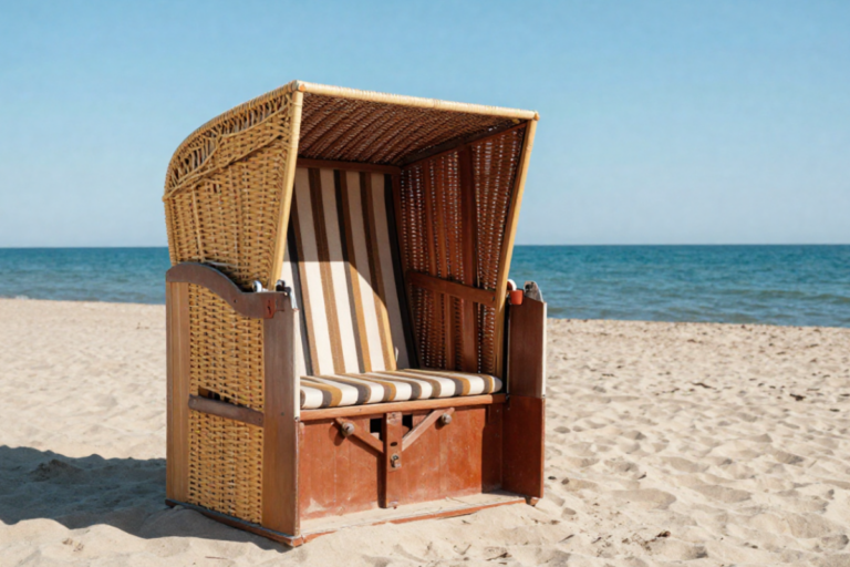 Gemütlicher Strandkorb am Strand als Symbol für Digital Detox im Urlaub und einen handyfreien Badetag am Meer.