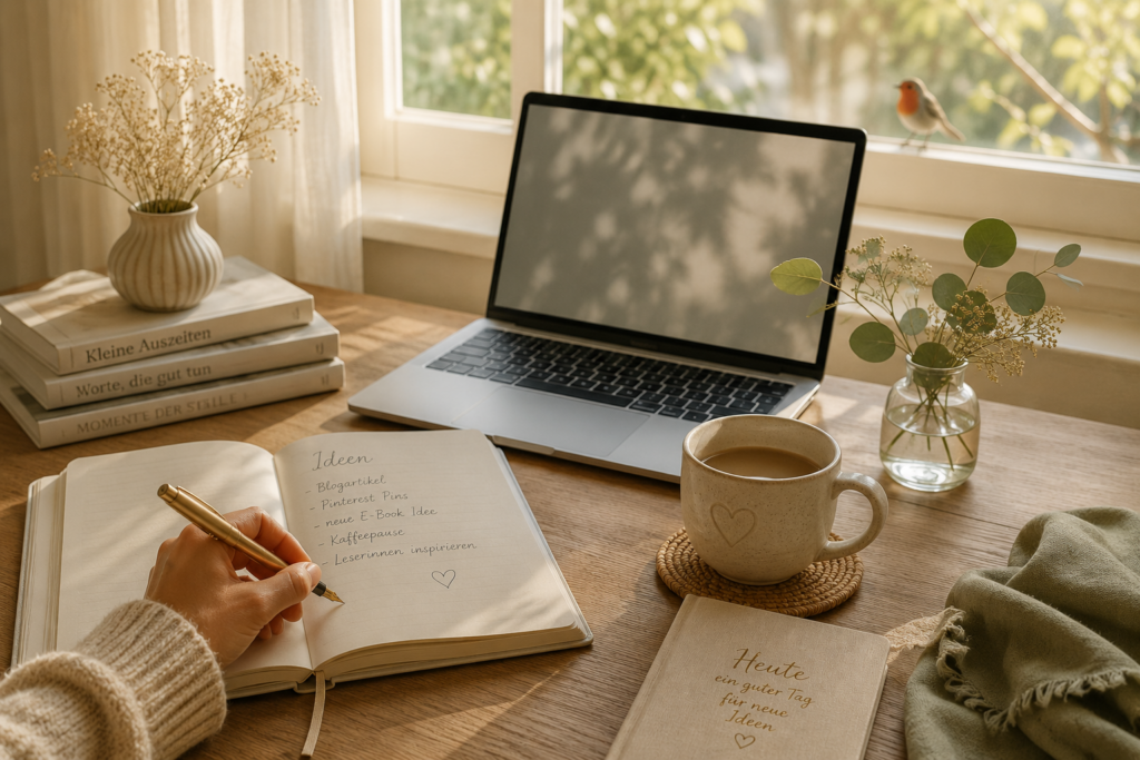 Ein heller, liebevoll gestalteter Arbeitsplatz im warmen Morgenlicht. Auf einem Holzschreibtisch liegen ein geöffnetes Notizbuch, ein Füllfederhalter, eine Tasse Kaffee und ein Laptop. Im Hintergrund sitzt ein Rotkehlchen auf der Fensterbank. Das Bild symbolisiert die kreative Zusammenarbeit zwischen einem Menschen und künstlicher Intelligenz.