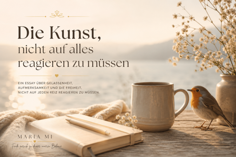 Beige Kaffeetasse mit Rotkehlchen auf einem Holztisch am See bei Sonnenaufgang – Symbol für Gelassenheit, Achtsamkeit und die Kunst, nicht auf alles reagieren zu müssen.