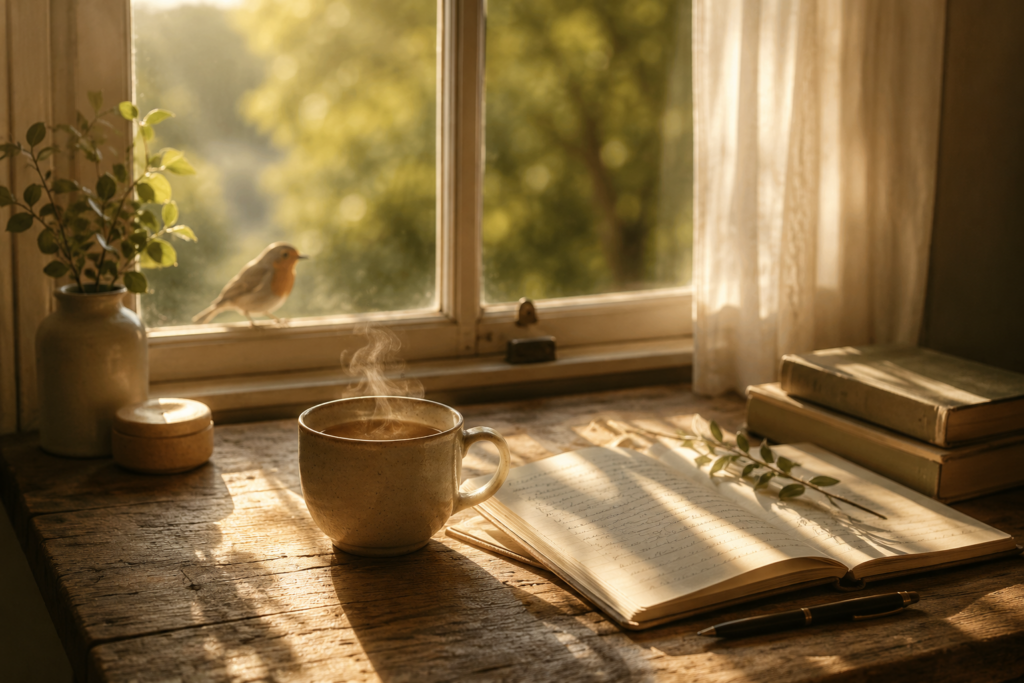 Eine dampfende Tasse Tee auf einem Holztisch im warmen Sonnenlicht vor einem Fenster. Daneben liegen ein geöffnetes Notizbuch und Bücher. Ein kleines Rotkehlchen sitzt auf der Fensterbank und unterstreicht die ruhige, achtsame Stimmung.