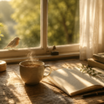Eine dampfende Tasse Tee auf einem Holztisch im warmen Sonnenlicht vor einem Fenster. Daneben liegen ein geöffnetes Notizbuch und Bücher. Ein kleines Rotkehlchen sitzt auf der Fensterbank und unterstreicht die ruhige, achtsame Stimmung.