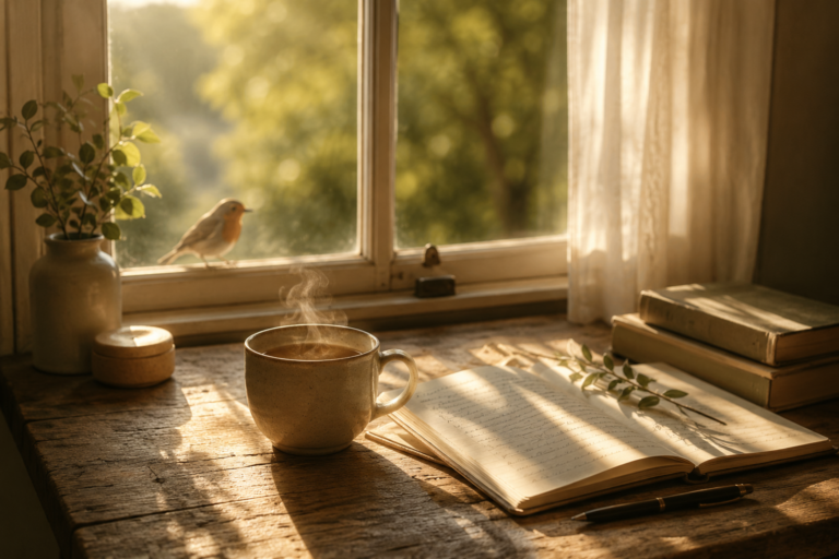 Eine dampfende Tasse Tee auf einem Holztisch im warmen Sonnenlicht vor einem Fenster. Daneben liegen ein geöffnetes Notizbuch und Bücher. Ein kleines Rotkehlchen sitzt auf der Fensterbank und unterstreicht die ruhige, achtsame Stimmung.