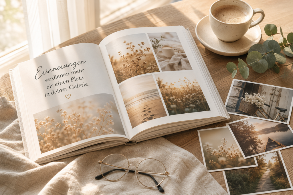 Geöffnetes Fotobuch mit Erinnerungsfotos, Kaffeetasse und losen Bildern auf einem hellen Holztisch im warmen Morgenlicht.