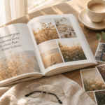Geöffnetes Fotobuch mit Erinnerungsfotos, Kaffeetasse und losen Bildern auf einem hellen Holztisch im warmen Morgenlicht.