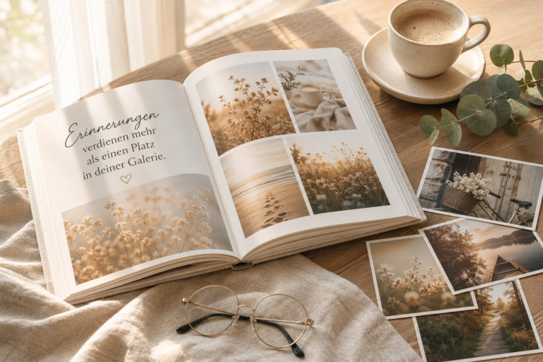 Geöffnetes Fotobuch mit Erinnerungsfotos, Kaffeetasse und losen Bildern auf einem hellen Holztisch im warmen Morgenlicht.
