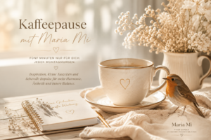 Helle Kaffeetasse mit einem Rotkehlchen in sanften Beige- und Cremetönen. Das Bild lädt zur „Kaffeepause mit Maria Mi“ ein – einem inspirierenden Newsletter für mehr Harmonie, Ästhetik und innere Balance.