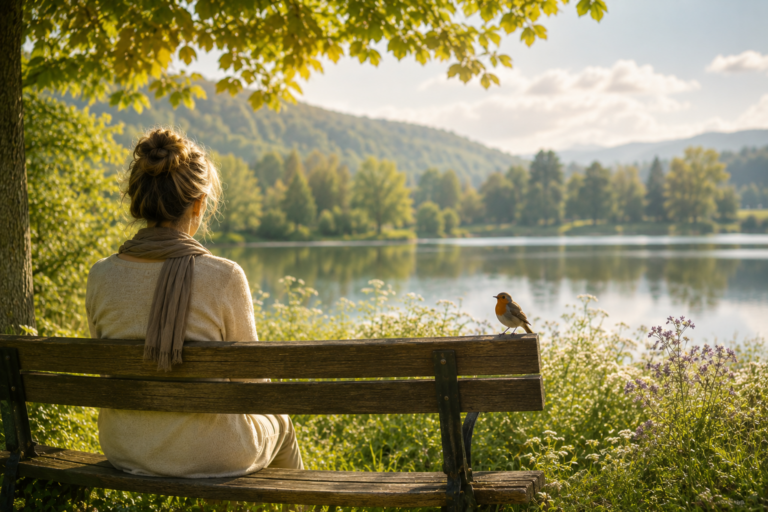 Frau sitzt auf einer Parkbank am See und genießt bewusst einen stillen Moment der Ruhe. Ein Rotkehlchen begleitet die Szene – Symbol für Achtsamkeit und bewusstes Nichtstun.