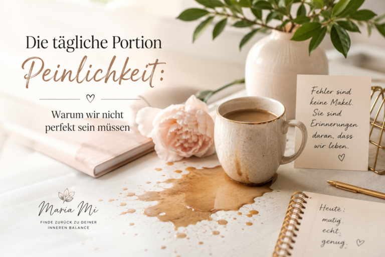 Verschütteter Kaffee auf einem hellen Tisch als Symbol für Unvollkommenheit, Selbstakzeptanz und den liebevollen Umgang mit kleinen Missgeschicken im Alltag.
