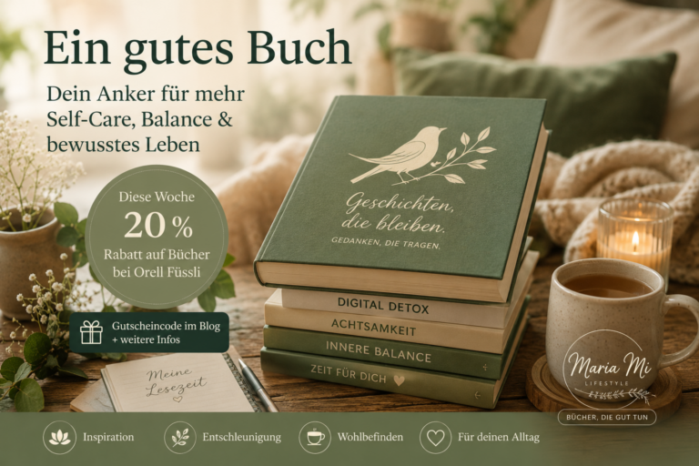 Gemütliche Leseecke mit Büchern, Tee und Kerzenlicht. Beitragsbild zum Blog über Bücherempfehlungen, Self-Care, innere Balance, Digital Detox und den aktuellen Orell-Füssli-Büchergutschein von Maria Mi.