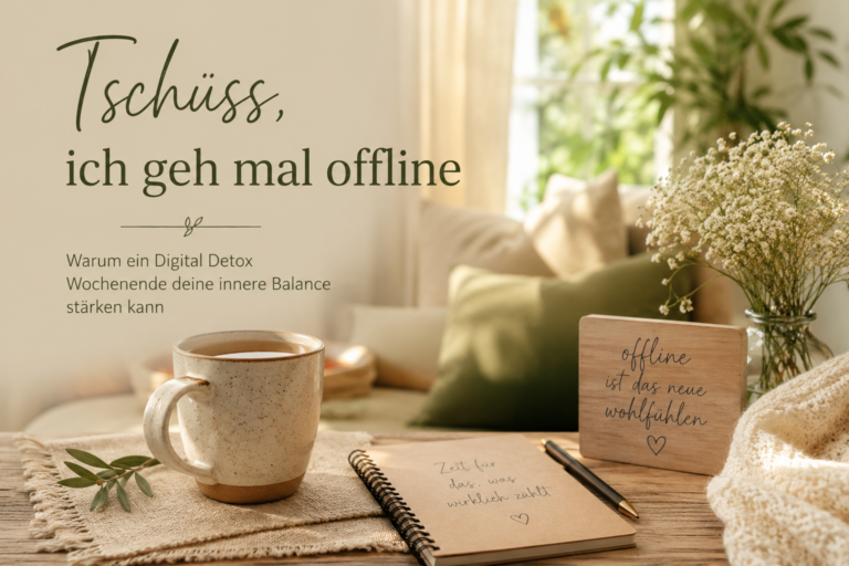 Gemütliche Kaffeetasse, Notizbuch und ruhige Wohnatmosphäre als Symbol für ein Digital Detox Wochenende und bewusste Auszeiten.