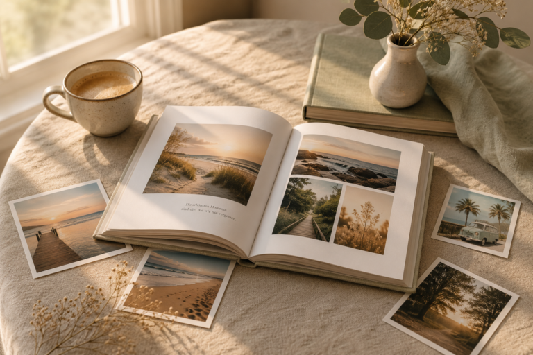 Fotobuch mit Erinnerungsfotos, Kaffeetasse und losen Fotos auf einem Leinentisch im warmen Morgenlicht.