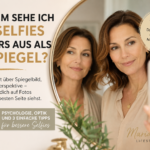 Frau betrachtet ihr Spiegelbild und macht ein Selfie – warum Selfies anders aussehen als das Spiegelbild einfach erklärt.