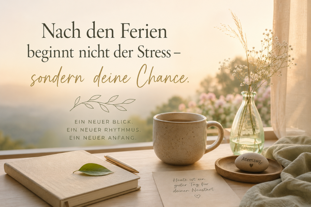 Nach den Ferien beginnt nicht der Stress – sondern deine Chance. Ruhiger Morgen mit Kaffeetasse, Notizbuch und sanftem Sonnenlicht als Symbol für einen bewussten Neustart im Alltag.