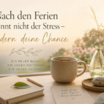 Nach den Ferien beginnt nicht der Stress – sondern deine Chance. Ruhiger Morgen mit Kaffeetasse, Notizbuch und sanftem Sonnenlicht als Symbol für einen bewussten Neustart im Alltag.