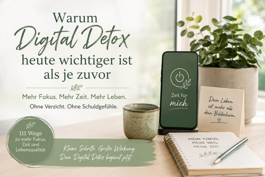 Warum Digital Detox heute wichtiger ist als je zuvor – ruhiges Beitragsbild mit Smartphone, Notizbuch, Kaffeetasse und Zimmerpflanze als Symbol für mehr Fokus, Zeit und Lebensqualität.