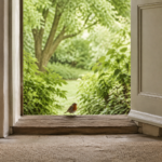 Solange uns der Augenblick gehört Rotkehlchen sitzt auf der Schwelle einer offenen Tür mit Blick in einen grünen Garten.