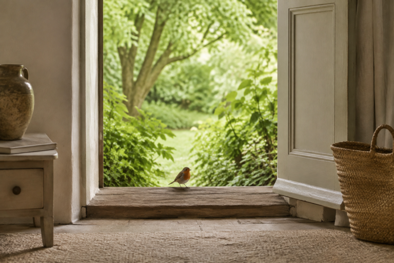 Rotkehlchen sitzt auf der Schwelle einer offenen Tür mit Blick in einen grünen Garten.