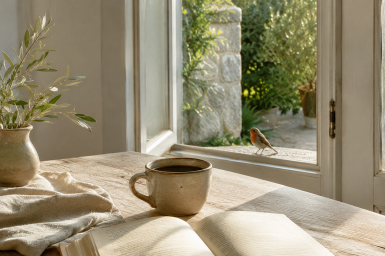 Kaffeetasse und offenes Buch im warmen Morgenlicht, während ein Rotkehlchen am Fenster sitzt
