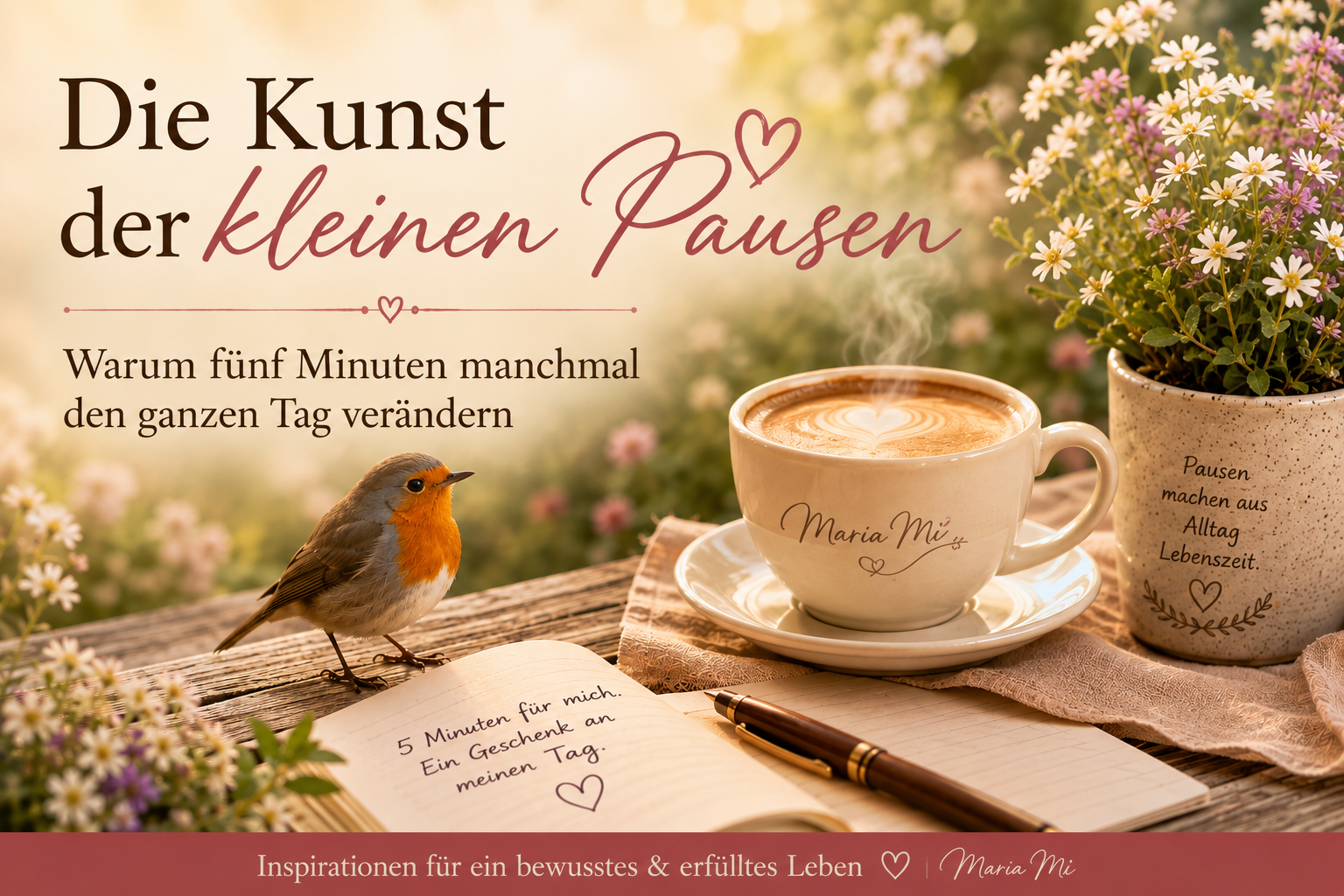Beitragsbild zum Essay „Die Kunst der kleinen Pausen“ mit Rotkehlchen, Kaffeetasse, blühenden Blumen und ruhiger Gartenatmosphäre im Morgenlicht.