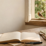 Offenes Notizbuch auf einem Schreibtisch am Fenster mit Kaffeetasse und Rotkehlchen – ein beruhigender Start in die neue Woche