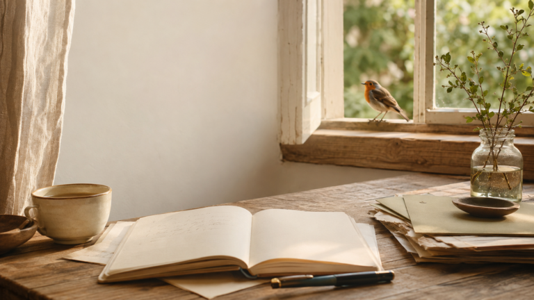 Offenes Notizbuch auf einem Schreibtisch am Fenster mit Kaffeetasse und Rotkehlchen – ein beruhigender Start in die neue Woche