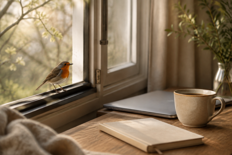 Rotkehlchen am offenen Fenster neben geschlossenem Laptop, Notizbuch und Kaffeetasse – Sinnbild für eine bewusste Pause.