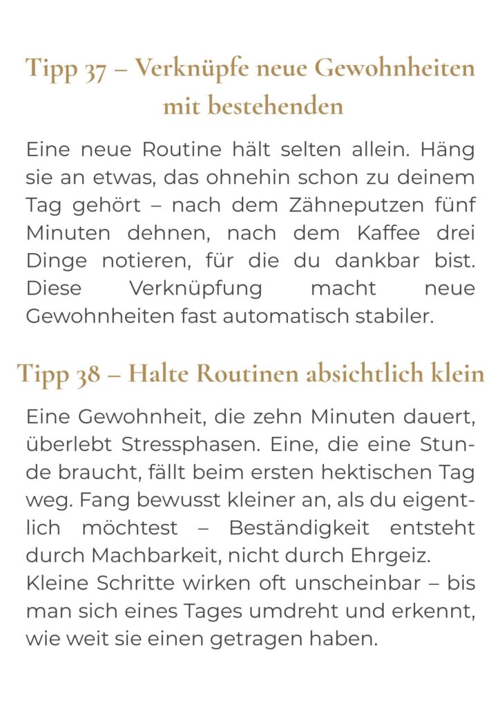Beispielseite aus dem Neustart-Code mit Tipps für kleine, beständige Routinen