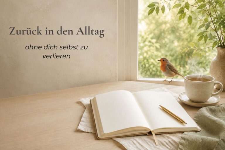 Nach den Ferien wieder in den Alltag finden – offenes Notizbuch, Tee und Rotkehlchen am Fenster