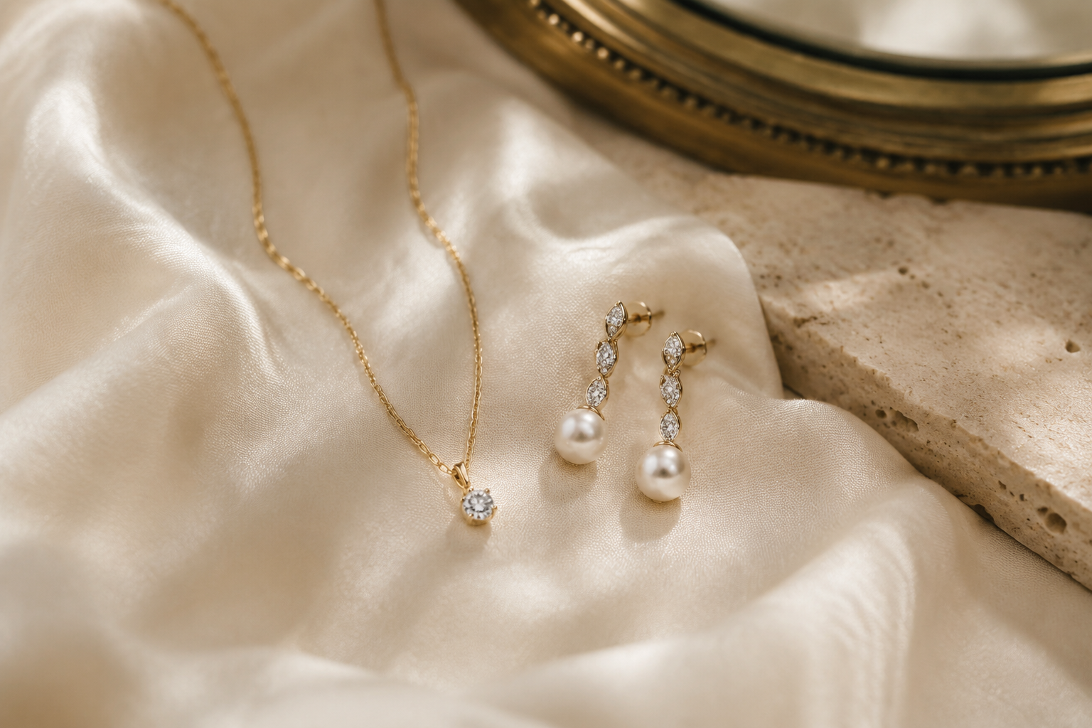 Perlenohrringe mit Diamanten und feine Goldkette auf elfenbeinfarbenem Seidenstoff