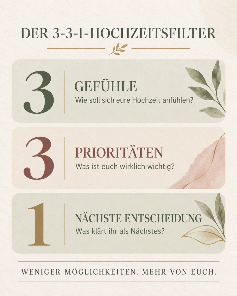 Infografik zum 3-3-1-Hochzeitsfilter mit drei Gefühlen, drei Prioritäten und einer nächsten Entscheidung
