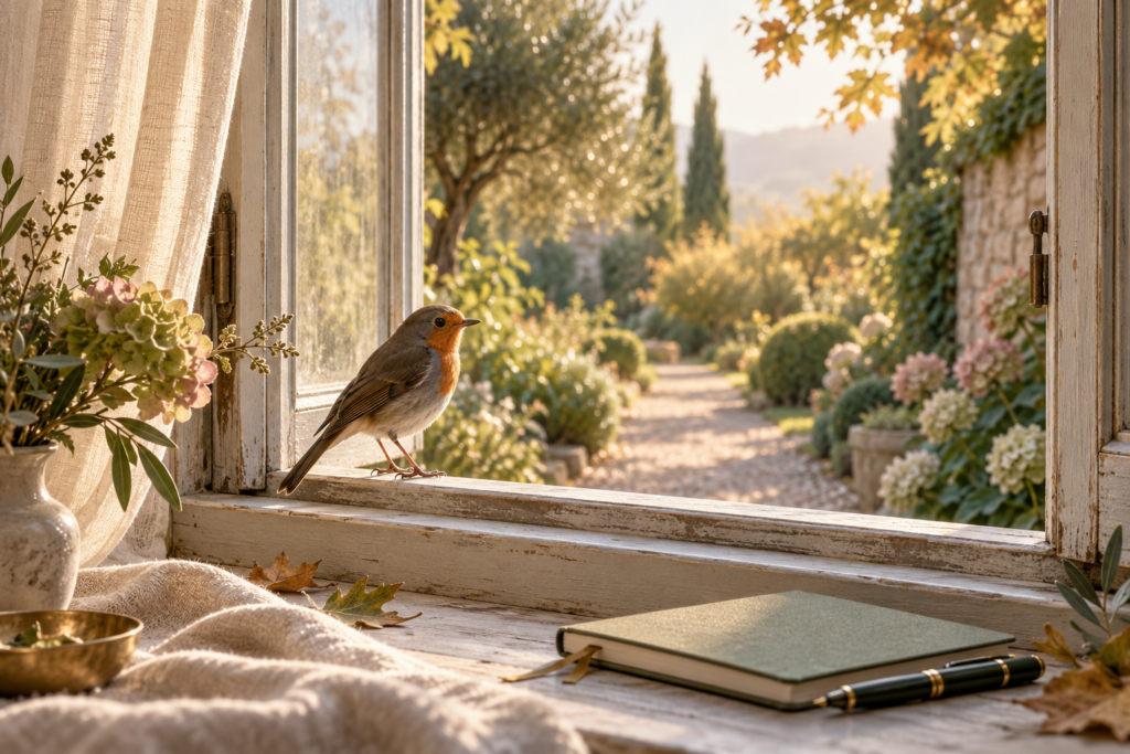 Rotkehlchen am offenen Fenster mit Blick auf einen sonnigen Gartenweg – Sinnbild dafür, das eigene Leben nicht länger aufzuschieben.