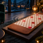 Ein Weihnachtsgeschenk, das klingt: Warum MultiSpa® Soundscape mein persönlicher Favorit ist MultiSpa Soundscape Frequenzmatte in einem eleganten Weihnachtswohnzimmer mit goldenen Lichtern und sanften Klangwellen