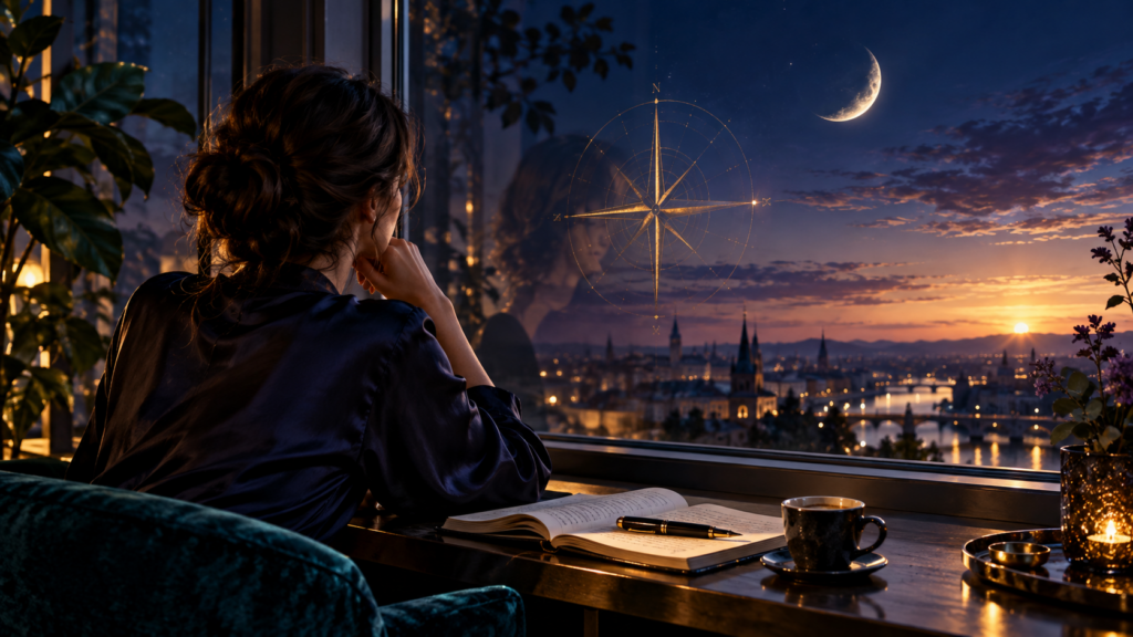 Frau sitzt mit Notizbuch und Kaffee am Fenster. Über der Stadt stehen eine Mondsichel und ein goldener Kompass im dämmrigen Himmel.