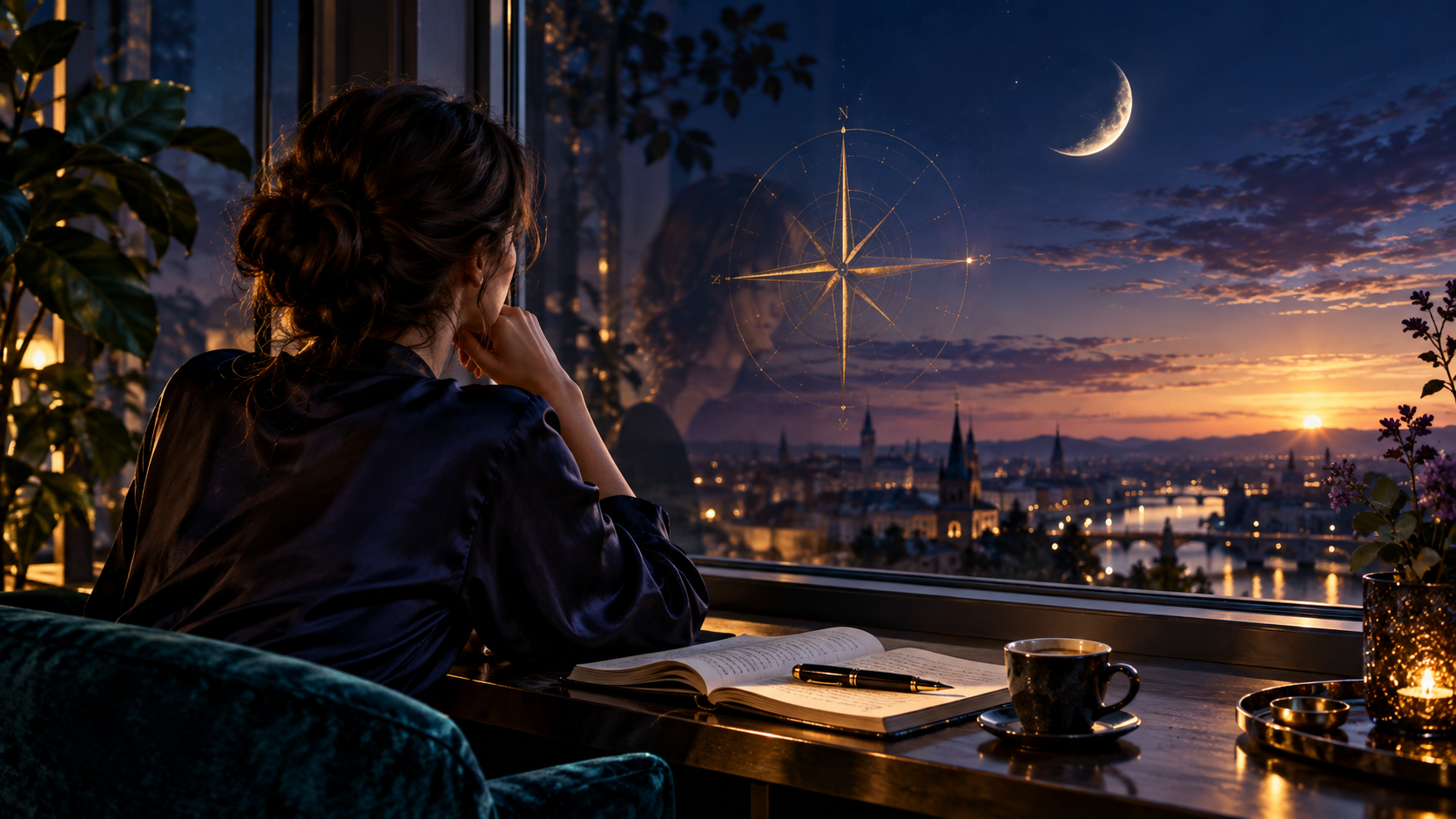 Frau am Fenster mit Notizbuch, Mond und goldenem Kompass über einer abendlichen Stadt