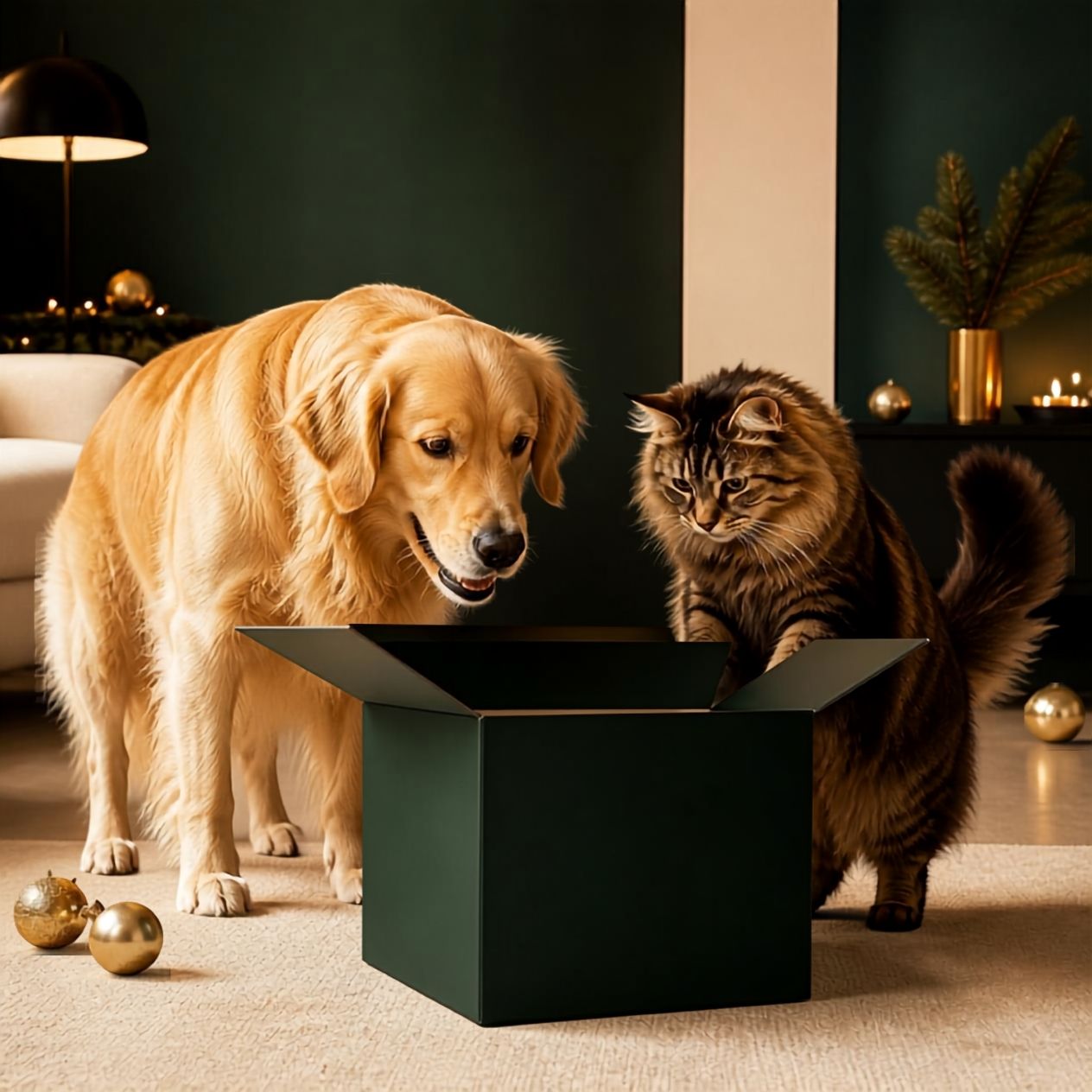 Golden Retriever und Katze entdecken neugierig ein großes dunkelgrünes Weihnachtsgeschenk.