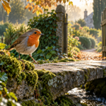 Rotkehlchen macht einen Schritt auf eine Steinbrücke vor einem offenen Gartentor im herbstlichen Morgenlicht.