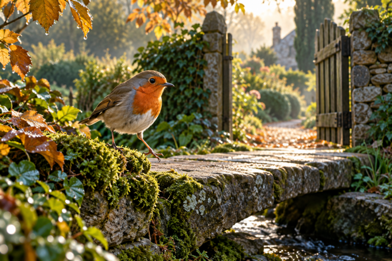 Rotkehlchen macht einen Schritt auf eine Steinbrücke vor einem offenen Gartentor im herbstlichen Morgenlicht.