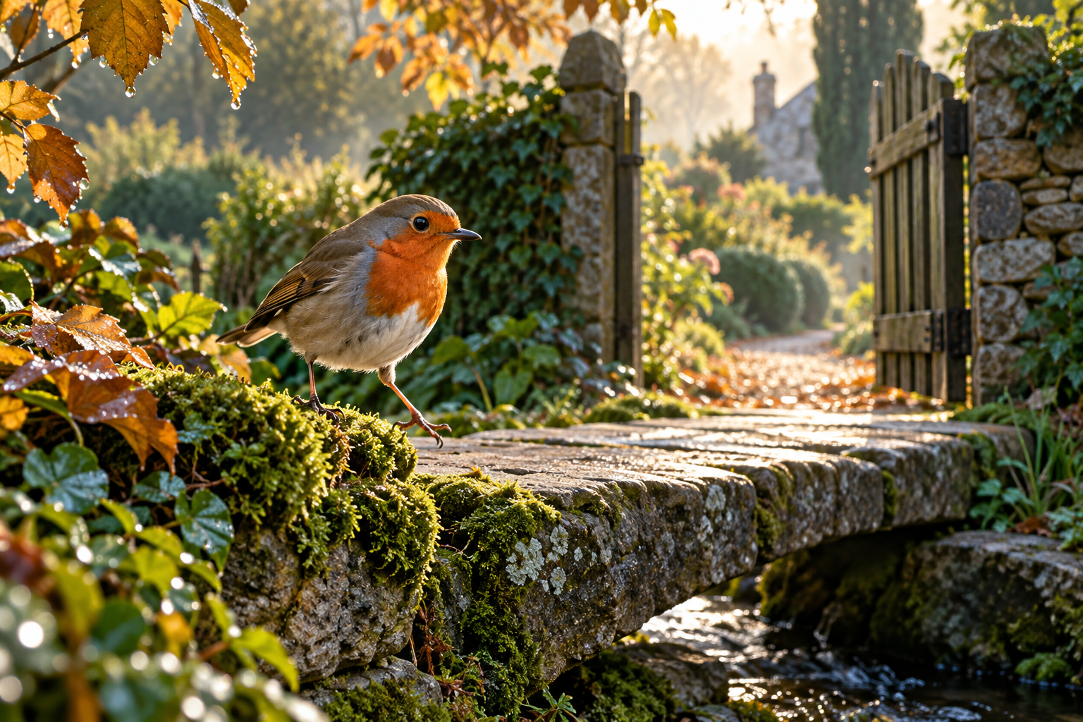 Rotkehlchen macht einen Schritt auf eine Steinbrücke vor einem offenen Gartentor im herbstlichen Morgenlicht.