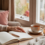 111 Wege zu mehr Self-Care im Herbst – liebevoll durch die kältere Jahreszeit Frau geniesst mit Journal, Tee und Kerzenlicht einen ruhigen Self-Care-Moment im Herbst.