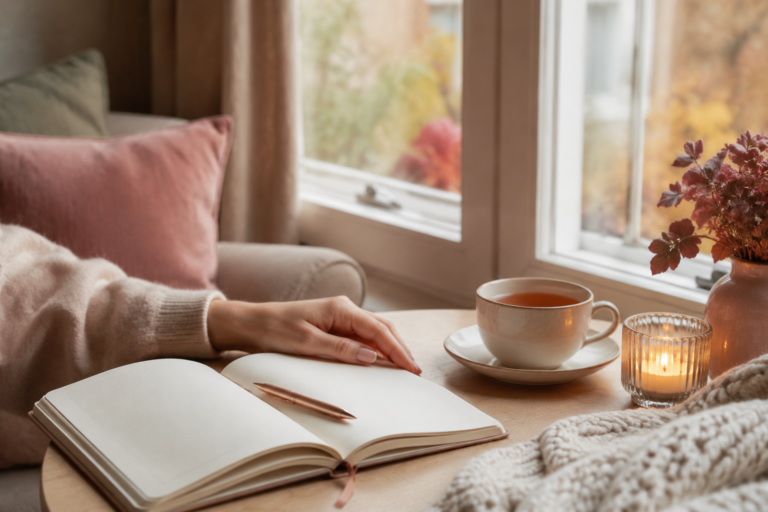 Frau geniesst mit Journal, Tee und Kerzenlicht einen ruhigen Self-Care-Moment im Herbst.