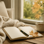 Gemütlicher Septembermorgen mit Tee, Notizbuch und Strickdecke – Neustart im Herbst bei Maria Mi
